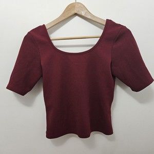 ABOUT A GIRL Women's Burgundy Cropped Top Open Round Neck Short Sleeve Size L